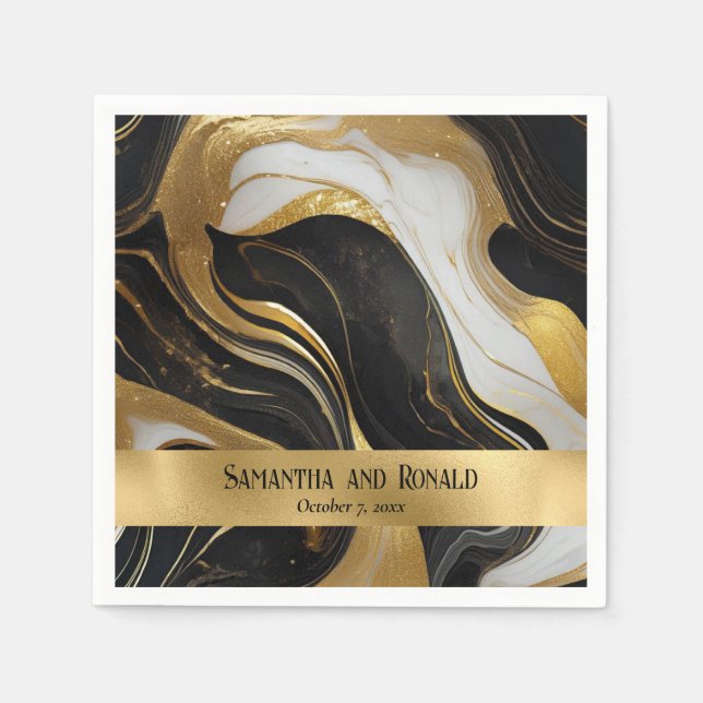 Serviette En Papier Elégant Mariage marbré Faux Gold, noir et blanc (Devant)