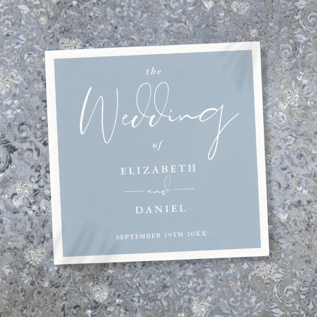 Serviette En Papier Élégant mariage moderne écriture bleu poussiéreux (Elegant Modern Script Dusty Blue Wedding Napkins)