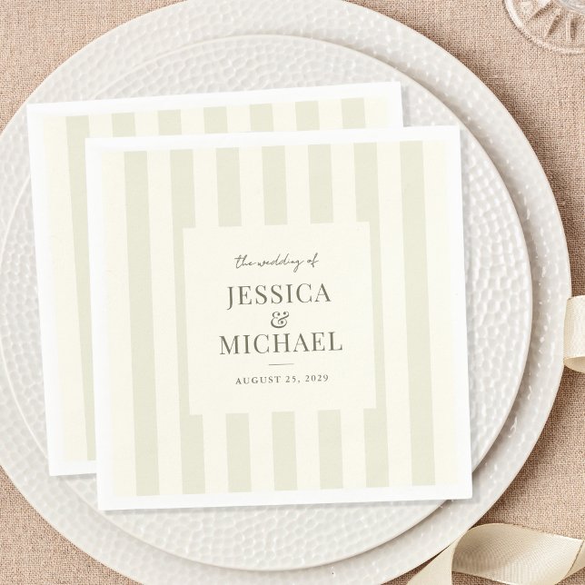 Serviette En Papier Élégant Mariage moderne vert olive rayé (Créateur téléchargé)