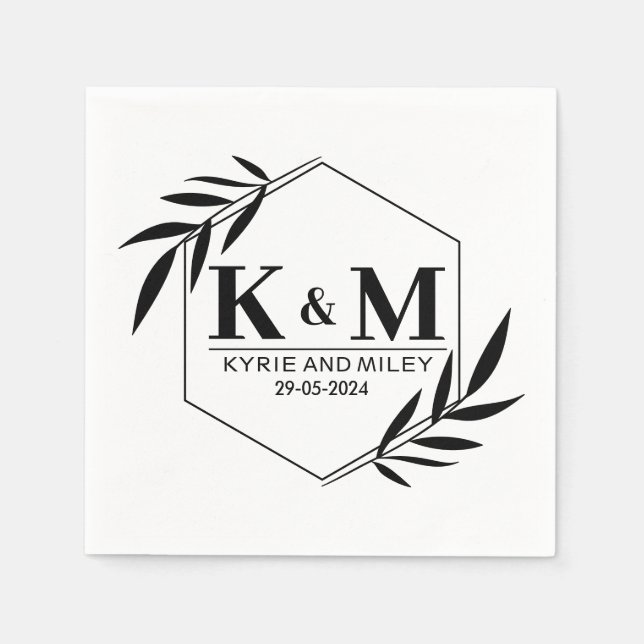 Serviette En Papier élégant mariage monogramme noir et blanc (Devant)
