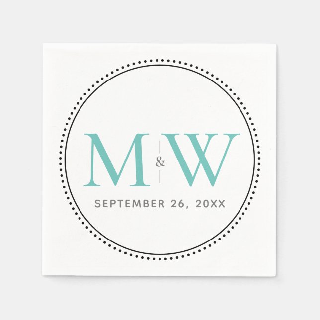 Serviette En Papier Élégant Mariage Monogramme Turquoise (Devant)