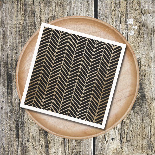 Serviette En Papier Élégant Mariage nuptial Black & Gold Chevron (Créateur téléchargé)