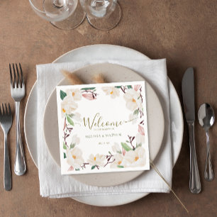 Serviette En Papier Élégant Mariage oriental blanc Magnolia