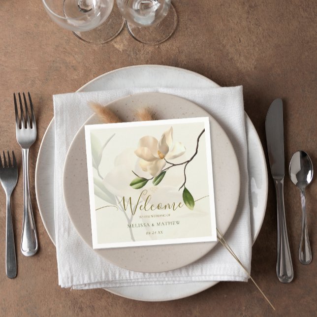 Serviette En Papier Élégant Mariage oriental blanc Magnolia (Elegant Oriental White Magnolia Wedding Napkins)