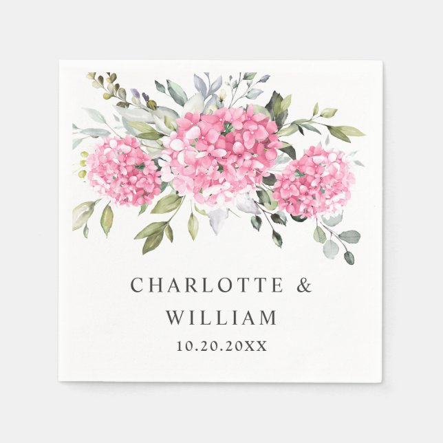 Serviette En Papier Élégant Mariage rose pâle Hydrangée Eucalyptus (Devant)
