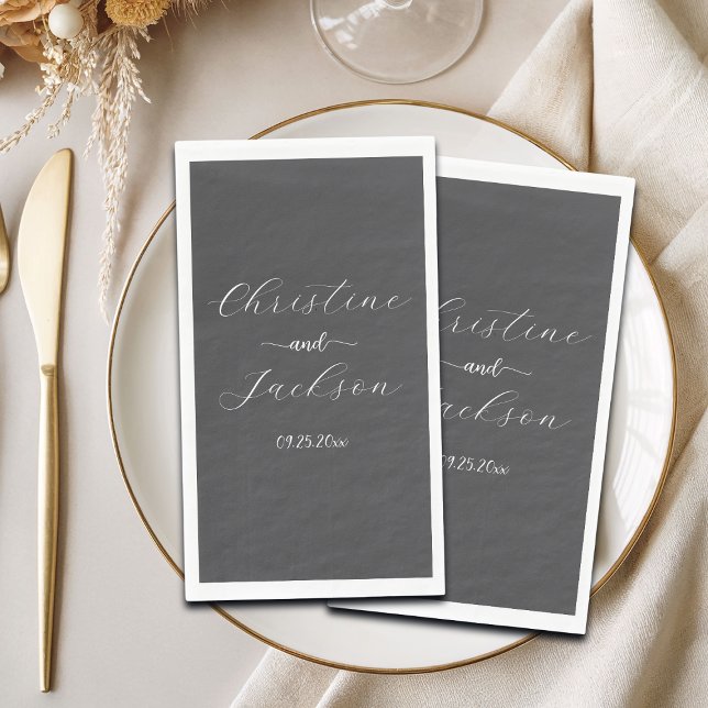 Serviette En Papier Élégant Mariage Script gris foncé (Créateur téléchargé)