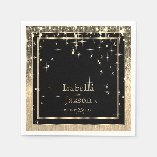 Serviette En Papier Élégant Mariage Starlights noir et or (Devant)
