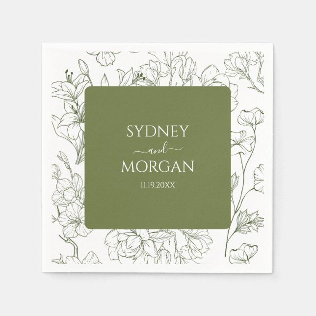 Serviette En Papier Élégant Mariage végétal floral Sage vert (Devant)