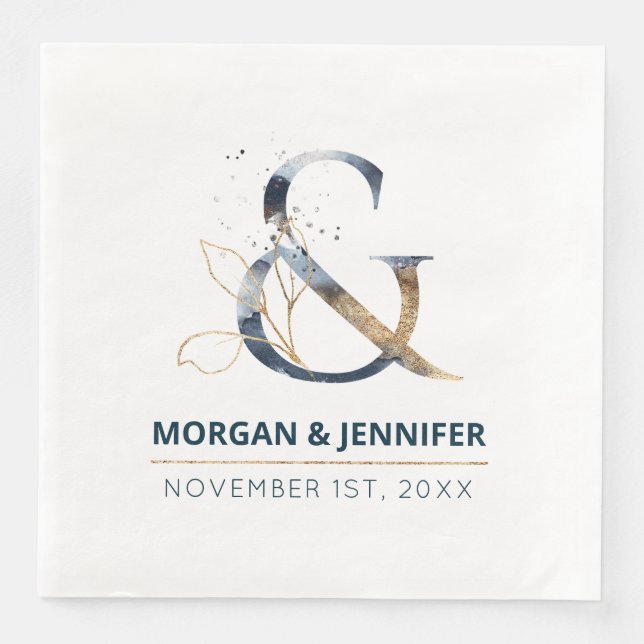 Serviette En Papier Elégant marine bleu et or ampersand mariage (Devant)