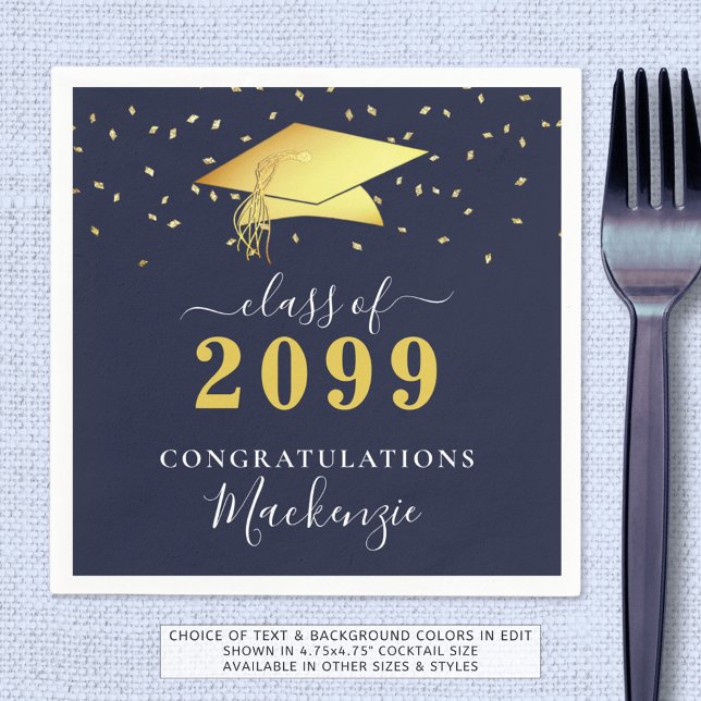 Serviette En Papier Élégant Marine Blue Gold Confetti Script Graduatio (Créateur téléchargé)