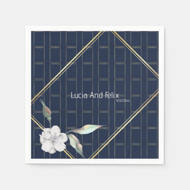 Serviette En Papier Elégant Marine Blue Gold Frame Mini Mariage Floral (Devant)
