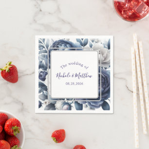 Serviette En Papier Elégant Marine Blue Peonies & White Roses Mariage