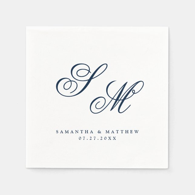 Serviette En Papier Élégant Marine Monogramme bleu Initiales Mariage (Devant)