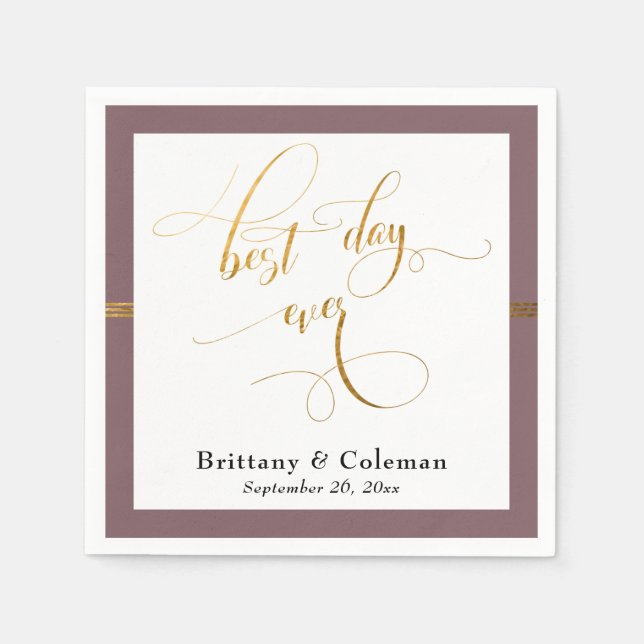 Serviette En Papier Elégant Meilleur Jour Jamais Mauve Rose & Or Bande (Devant)