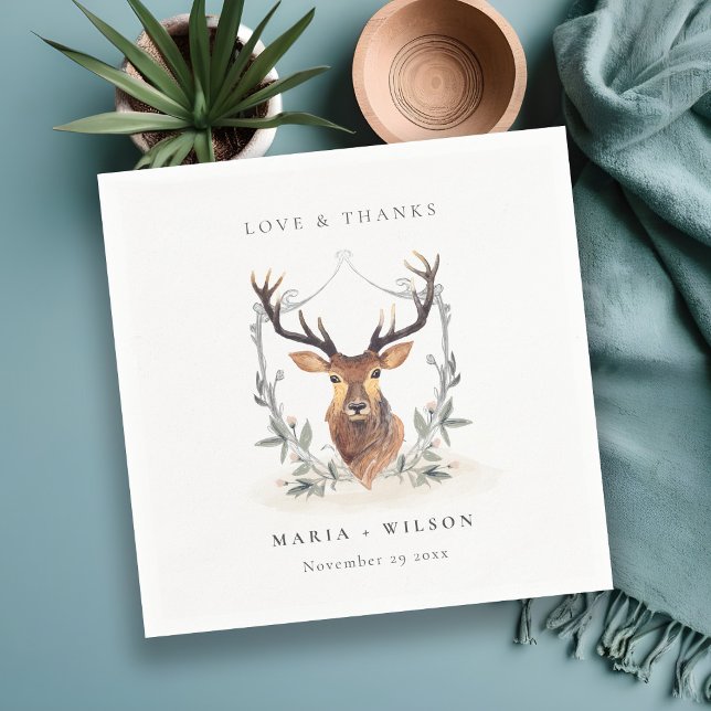 Serviette En Papier Élégant Mignon Cerf Crépuscule Floral Blason Maria (Créateur téléchargé)