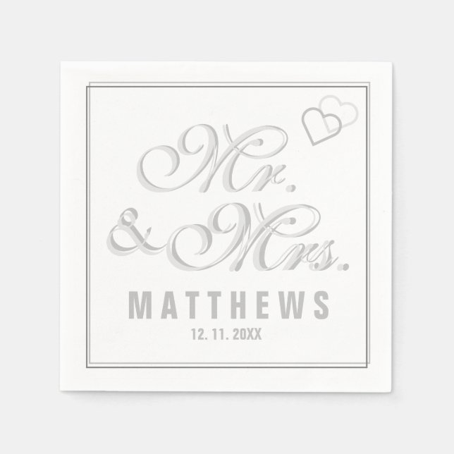 Serviette En Papier Elegant Mint gris M. et Mme Mariage Monogram (Devant)