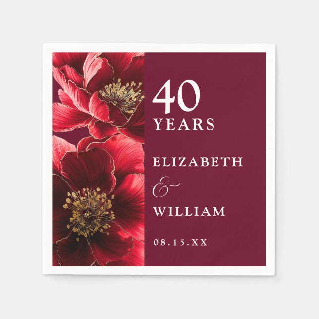 Serviette En Papier Élégant Moderne Fleuris Rouge Rubis 40e Anniversai (Devant)
