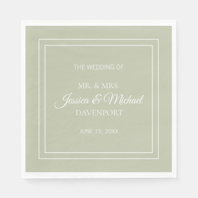 Serviette En Papier Élégant moderne Script Sage Vert Mariage blanc (Devant)