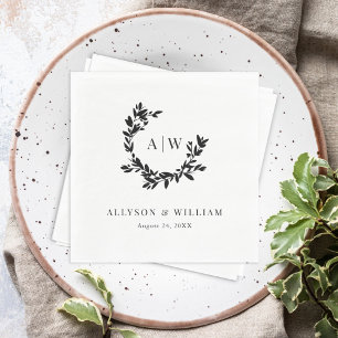 Serviette En Papier Élégant Monogram Crest Photo Mariage botanique
