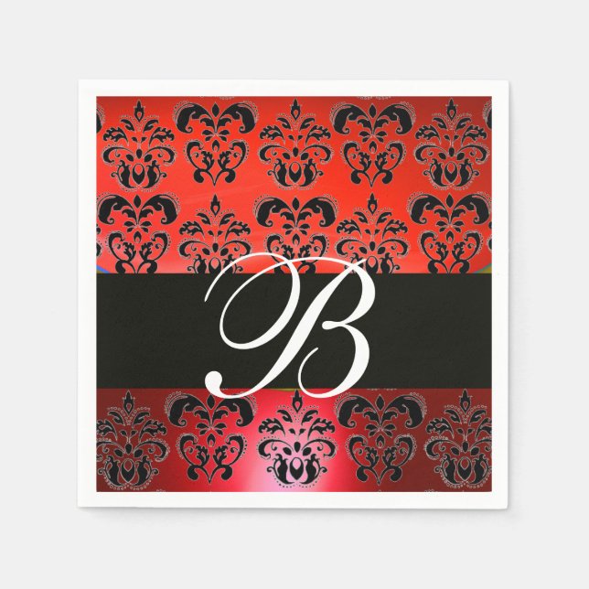 SERVIETTE EN PAPIER ÉLÉGANT MONOGRAM DE MARIAGE DAMASSÉ NOIR ROUGE (Devant)