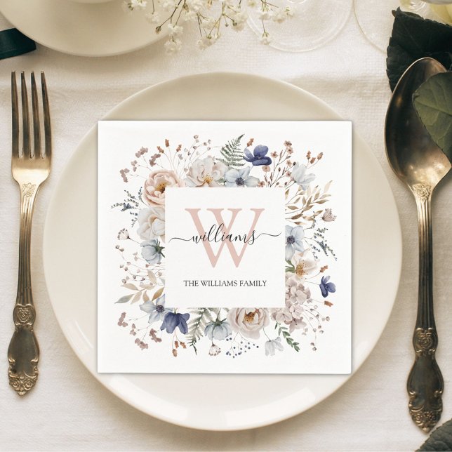 Serviette En Papier Elegant Monogram Pretty Beige Blue Flowers Floral (In situ)