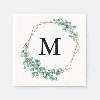 Serviette En Papier Élégant Monogramme Aquarelle Vert Or Mariage