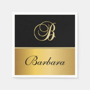 Serviette En Papier Élégant monogramme "B" personnalisé nom noir or