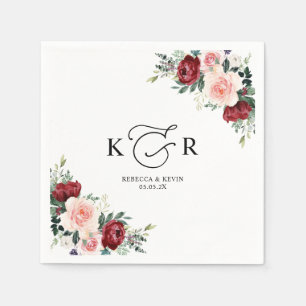 Serviette En Papier Élégant Monogramme Bourgogne Blush Floral
