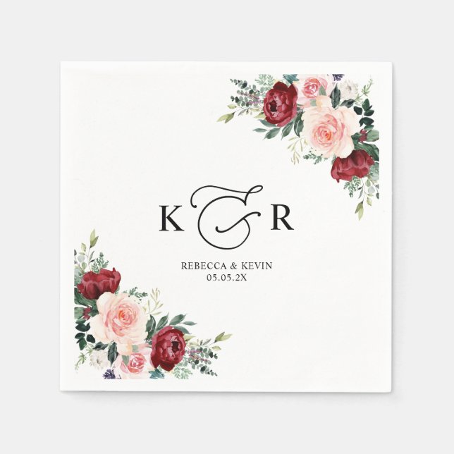 Serviette En Papier Élégant Monogramme Bourgogne Blush Floral (Devant)