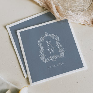 Serviette En Papier Élégant Monogramme Crête Bleu Poussiéreux Mariage