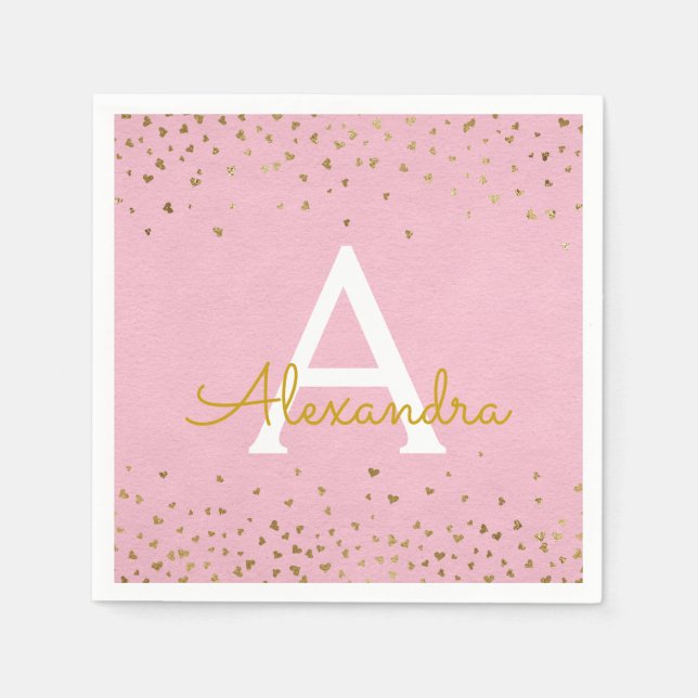Serviette En Papier Élégant Monogramme de Confetti à huile rose et or (Devant)