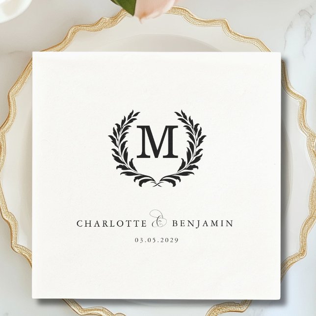 Serviette En Papier Élégant Monogramme de crête Mariage blanc (Elegant Crest Monogram White Wedding Foil Napkins)