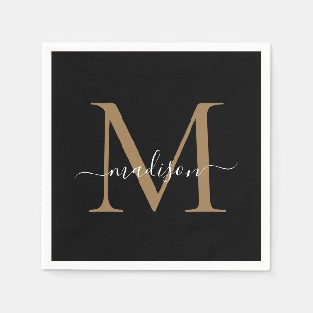 Serviette En Papier Élégant Monogramme d'or noir Script Girly Annivers (Devant)