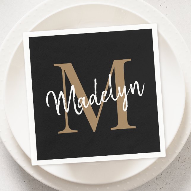 Serviette En Papier Élégant Monogramme d'or noir Script Girly Annivers (Créateur téléchargé)