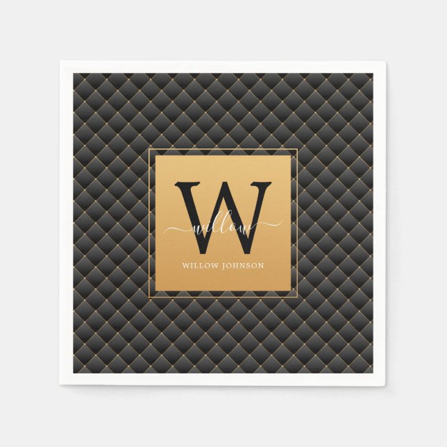 Serviette En Papier Élégant Monogramme d'or noir Script initial élégan (Devant)