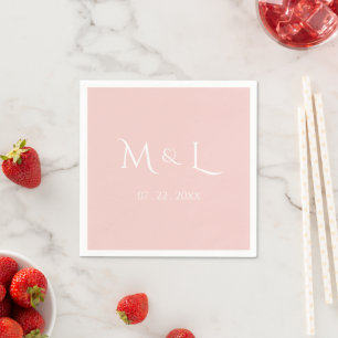 Serviette En Papier Élégant Monogramme et Date de Mariage Rose et Blan