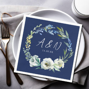 Serviette En Papier Élégant Monogramme floral bleu marine Mariage d'hi