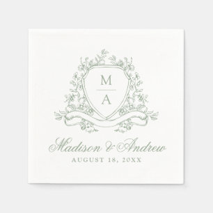 Serviette En Papier Élégant Monogramme Floral Crête Vert Sauge Mariage