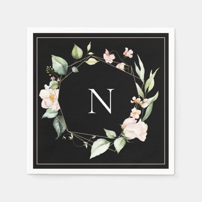 Serviette En Papier Élégant Monogramme Floral rose Mariage noir servie (Devant)