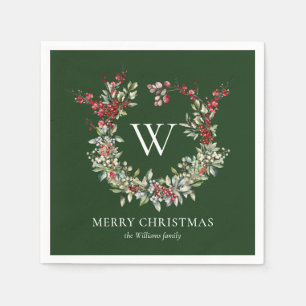 Serviette En Papier Élégant Monogramme Joyeux Noël Vacances Wreath
