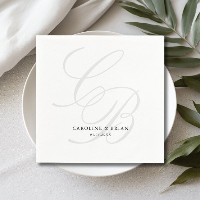 Serviette En Papier Élégant, Monogramme, Mariage (Elegant, Monogram, Wedding Napkins, script font, grey & white.)
