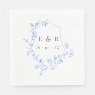 Serviette En Papier Élégant Monogramme Mariage de crête Feuille Bleue