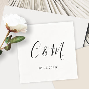Serviette En Papier Élégant Monogramme Mariage noir et blanc
