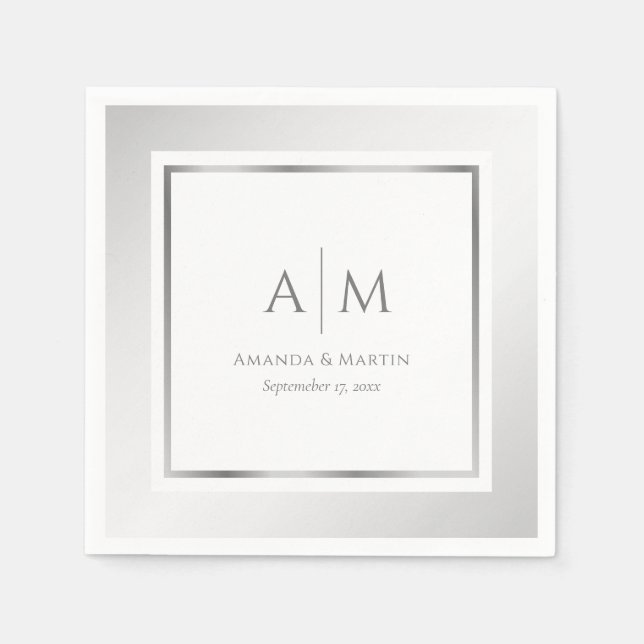 Serviette En Papier Élégant Monogramme Mariage papier argent serviette (Devant)