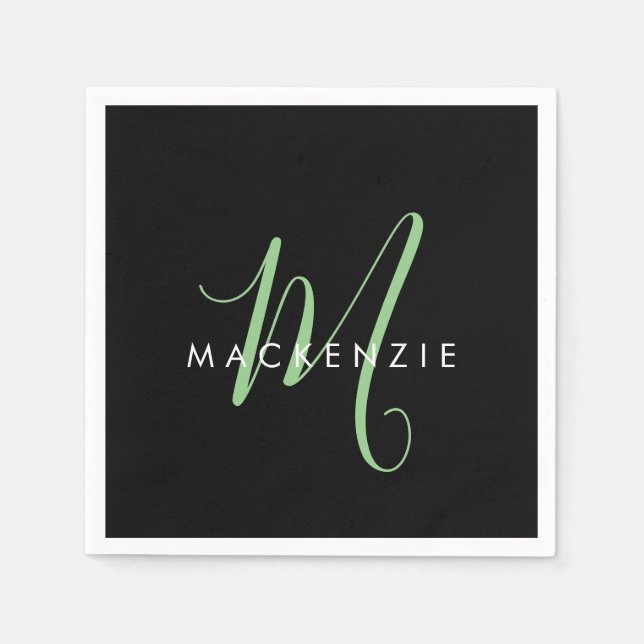 Serviette En Papier Élégant Monogramme moderne noir vert Script (Devant)