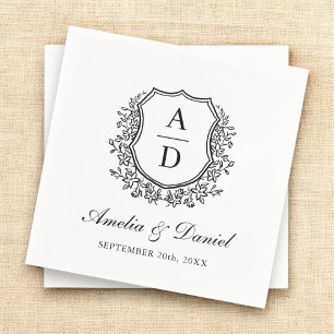 Serviette En Papier Élégant Monogramme noir blanc Crest Mariage
