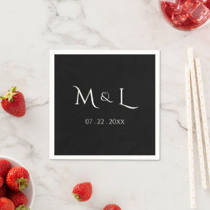 Serviette En Papier Élégant Monogramme Noir Blanc & Date Mariage