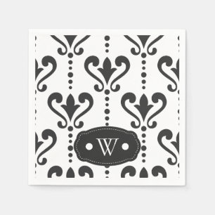 Serviette En Papier Élégant Monogramme noir et blanc damassé