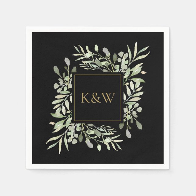 Serviette En Papier Élégant Monogramme Noir Et Or Verdure (Devant)