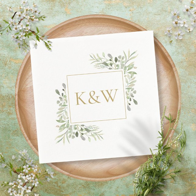 Serviette En Papier Élégant Monogramme Or Verdure Mariage de feuillage (Créateur téléchargé)
